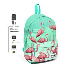 Coral High Yeşil Flamingo Desenli Sırt Çantası - Okul ve Günlük - USB+AUX Soketli