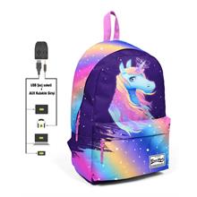 Coral High Renkli Unicorn Desenli Sırt Çantası - Okul ve Günlük - USB+AUX Soketli