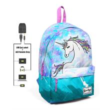 Coral High Mavi Yeşil Unicorn Desenli Sırt Çantası - Okul ve Günlük - USB+AUX Soketli