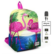 Coral High Flamingo Aşkı Üç Gözlü Okul ve Günlük Sırt Çantası - USB+AUX Soketli