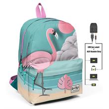 Coral High Yeşil Flamingolu Üç Gözlü Okul ve Günlük Sırt Çantası - USB+AUX Soketli