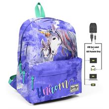 Coral High Mavi Unicornlar Üç Gözlü Okul ve Günlük Sırt Çantası - USB+AUX Soketli