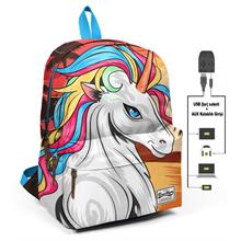 Coral High Üç Bölmeli Büyük Unicorn Okul ve Günlük Sırt Çantası - USB+AUX