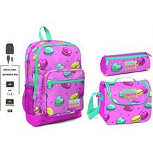 Coral High USB ve AUX Çıkışlı Okul Çanta Seti - Kız Çocuk - Pembe Kurabiyeler
