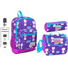 Coral High USB ve AUX Çıkışlı Okul Çanta Seti - Kız Çocuk - Mor Kedi Desenli