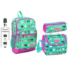 Coral High USB ve AUX Çıkışlı Okul Çanta Seti - Kız Çocuk - Sevimli Köpekler