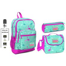 Coral High USB ve AUX Çıkışlı Okul Çanta Seti - Kız Çocuk - Yeşil Flamingo Baskılı