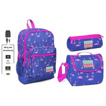 Coral High USB ve AUX Çıkışlı Okul Çanta Seti - Kız Çocuk - Mor Flamingo Baskılı