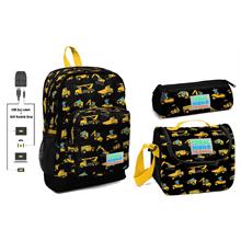 Coral High USB ve AUX Çıkışlı Okul Çanta Seti - Erkek Çocuk - Sarı-Siyah İş Makineleri