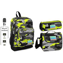 Coral High USB ve AUX Çıkışlı Okul Çanta Seti - Erkek Çocuk - Yeşil Kamuflaj Baskılı