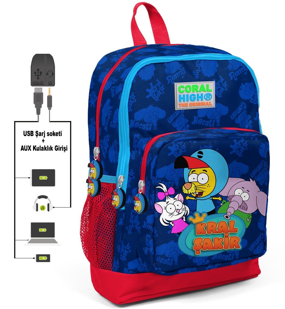 Kral Şakir Erkek Çocuk Lacivert Okul Çantası - USB ve AUX Çıkışlı