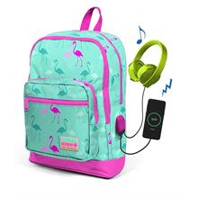 Coral High Kids Su Yeşili Flamingo Desenli Usb Şarjlı Kulaklık Çıkışlı Okul Sırt Çantası 23275