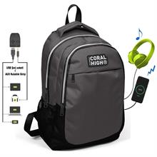Coral High Gri-Sİyah İlk ve Ortaokul Sırt Çantası - USB ve AUX Çıkışlı - Erkek