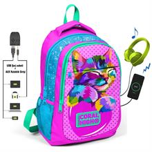 Coral High Kids Minik Kedi İlk ve Ortaokul Sırt Çantası - USB ve AUX Çıkışlı