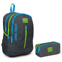 Coral High Sport Gri Yeşil Okul Çantası ve Kalemlik Seti - Dört Bölmeli - USB Çıkışlı