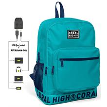 Coral High Logo Nakışlı Turkuaz Ortaokul, Lise ve Günlük Sırt Çantası(USB VE AUX SOKETLİ)