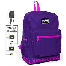 Coral High Logo Nakışlı Mor-Pembe Ortaokul, Lise ve Günlük Sırt Çantası(USB VE AUX SOKETLİ)