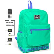 Coral High Logo Nakışlı Yeşil Ortaokul, Lise ve Günlük Sırt Çantası(USB VE AUX SOKETLİ)