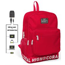 Coral High Logo Nakışlı Kırmızı Ortaokul, Lise ve Günlük Sırt Çantası(USB VE AUX SOKETLİ)