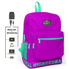 Coral High Logo Nakışlı Mor-Yeşil Ortaokul, Lise ve Günlük Sırt Çantası(USB VE AUX SOKETLİ)