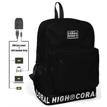 Coral High Logo Nakışlı Siyah Ortaokul, Lise ve Günlük Sırt Çantası(USB VE AUX SOKETLİ)