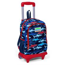 Coral High Mavi-Kırmızı Köpekbalığı Baskılı Damalı Işıklı Tekerlekli Çekçek Okul Çantası - Erkek Çocuk