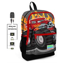 Coral High Kırmızı Monster Truck Baskılı İlkokul ve Günlük Sırt Çantası - Erkek Çocuk - USB ve AUX Soketli