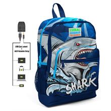 Coral High Mavi Köpekbalığı Baskılı İlkokul ve Günlük Sırt Çantası - Erkek Çocuk - USB ve AUX Soketli