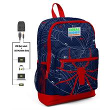 Coral High Lacivert-Kırmızı Örümcek Baskılı İlkokul ve Günlük Sırt Çantası - Erkek Çocuk - USB ve AUX Soketli