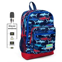Coral High Mavi-Kırmızı Köpekbalığı Baskılı İlkokul ve Günlük Sırt Çantası - Erkek Çocuk - USB ve AUX Soketli