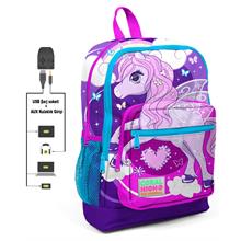 Coral High Mor Unicorn Baskılı İlkokul ve Günlük Sırt Çantası - Kız Çocuk - USB ve AUX Soketli
