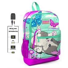 Coral High Pembe-Yeşil Sevimli Kedi Baskılı İlkokul ve Günlük Sırt Çantası - Kız Çocuk - USB ve AUX Soketli