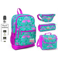 Coral High Yeşil Flamingo Baskılı 4 lü Kız Çocuk İlkokul Çanta Seti - USB Soketli