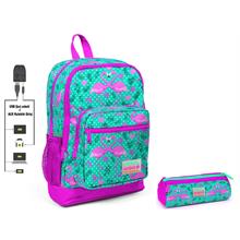 Coral High Yeşil Flamingo Baskılı İlkokul Sırt Çantası ve Kalemlik Seti - Kız Çocuk - USB Soketli