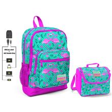 Coral High Yeşil Flamingo Baskılı Okul Çantası ve Beslenme Çantası Seti - Kız Çocuk - USB Soketli