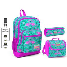 Coral High Yeşil Flamingo Baskılı Kız Çocuk İlkokul Çanta Seti - USB Çıkışlı