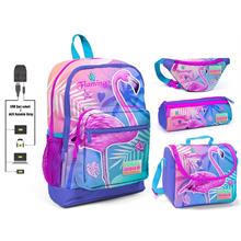 Coral High Pembe Flamingo Baskılı 4 lü Kız Çocuk İlkokul Çanta Seti - USB Soketli