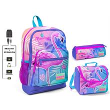 Coral High Pembe Flamingo Baskılı Kız Çocuk İlkokul Çanta Seti - USB Çıkışlı