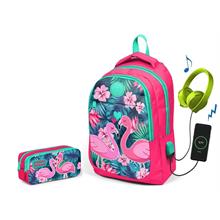 Coral High Narçiçeği Flamingo Kız Çocuk İlkokul Çantası ve Kalemlik Seti - USB Soketli