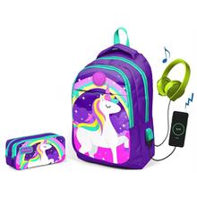 Coral High Kids Mor Unicorn Kız Çocuk İlkokul Çantası ve Kalemlik Seti - USB Soketli