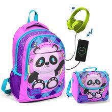 Coral High Mor Panda Okul ve Beslenme Çantası - Kız Çocuk  - USB Soketli