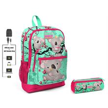 Coral High Yeşil Koala Baskılı İlkokul Sırt Çantası ve Kalemlik Seti - Kız Çocuk - USB Soketli