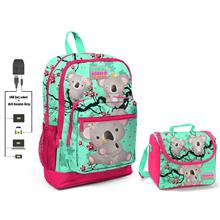 Coral High Yeşil Koala Baskılı Okul Çantası ve Beslenme Çantası Seti - Kız Çocuk - USB Soketli