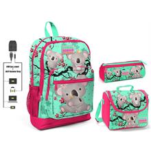Coral High Yeşil Koala Baskılı Kız Çocuk İlkokul Çanta Seti - USB Çıkışlı