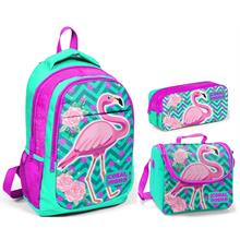 Coral High Yeşil Flamingo Kız Çocuk İlkokul Çanta Seti - Sırt Çantası+Beslenme+Kalemlik