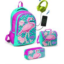 Coral High Kız Çocuk Pembe Flamingo 3 lü Çanta Takımı - USB Soketli