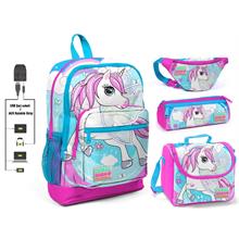 Coral High Mavi Unicorn Baskılı 4 lü Kız Çocuk İlkokul Çanta Seti - USB Soketli