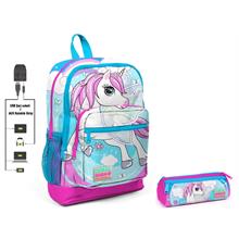 Coral High Mavi Unicorn Baskılı İlkokul Sırt Çantası ve Kalemlik Seti - Kız Çocuk - USB Soketli
