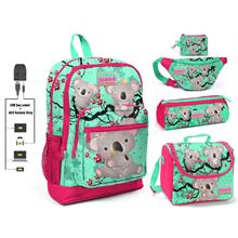 Coral High Yeşil Koala Baskılı Kız Çocuk İlkokul 5 li Çanta Seti - USB Soketli