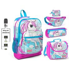 Coral High Mavi Unicorn Baskılı Kız Çocuk İlkokul 5 li Çanta Seti - USB Soketli